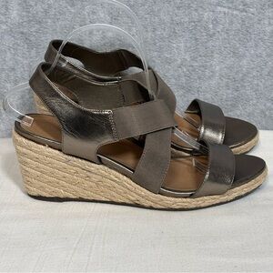 Vionic Tulum Ainsleigh Metallic Leather Wedge Sandals-Dark Taupe-Women Size 11